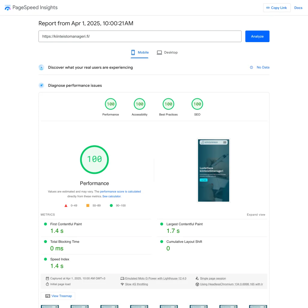 Kiinteistömanageri PageSpeed Insights -testin tulokset uudistetulla verkkosivustolla. Pisteytys asteikolla 0-100. 100 suorituskyky. 100 esteettömyys. 100 parhaat käytännöt. 100 hakukoneoptimointi.